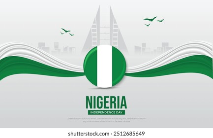 Feliz Día de la Independencia Nigeria Publicación en medios sociales y Plantilla de volantes. 1 de octubre - Tarjeta de felicitación de la celebración del Día de la Independencia de Nigeria con texto y Ilustración vectorial de la bandera de Nigeria.