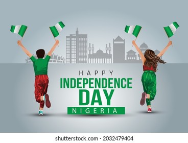 happy independence day Nigeria1st October. a boy and girl running with Nigerian flag. vector illustration design.