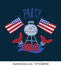 Happy Independence Day on July 4. National holiday celebration BBQ party. Postcard in the colors of the flag of America in the style of Doodle. Vector illustration