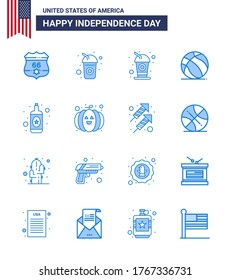 Feliz Día de la Independencia con 16 carteles y símbolos azules para el festival; alimentos; fútbol; vino; Elementos de diseño de vectores editables por el día de USA para alcohol