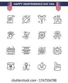 Happy Independence Day Pack of 16 Lines Signs and Symbols for thanksgiving; american; food; symbol; american Editable USA Day Vector Design Elements