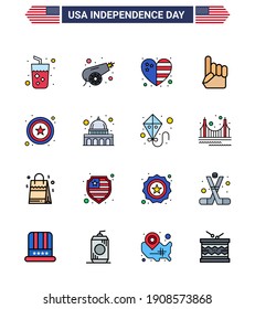 Happy Independence Day Pack of 16 Flat Filled Lines Signs and Symbols for star; american; heart; usa; foam hand Editable USA Day Vector Design Elements