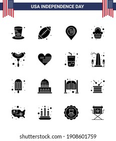 Happy Independence Day Pack of 16 Solid Glyphs Signs and Symbols for frankfurter; celebration; american; sweet; cake Editable USA Day Vector Design Elements