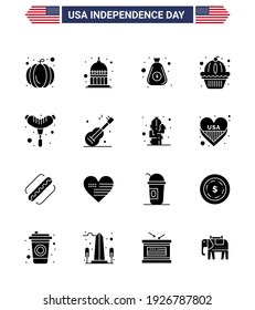 Happy Independence Day Pack mit 16 festen Glyphen Zeichen und Symbole für Würste; Lebensmittel; Geld; Kuchen; muffin Editable USA Day Vectordesign Elements