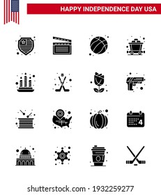 Happy Independence Day Pack of 16 Solid Glyphs Signs and Symbols for american; fire; ball; candle; mine Editable USA Day Vector Design Elements