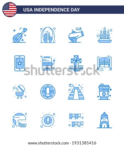 Happy Independence Day Pack of 16 Blues Signs and Symbols for phone; light; usa; fire; mortar Editable USA Day Vector Design Elements