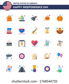 Happy Independence Day Pack of 25 Flats Signs and Symbols for hat; entertainment; canon; circus; pumpkin Editable USA Day Vector Design Elements