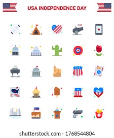 Happy Independence Day Pack of 25 Flats Signs and Symbols for phone; mortar; american; howitzer; big gun Editable USA Day Vector Design Elements