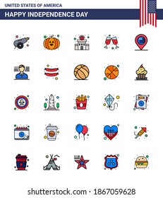 Happy Independence Day Pack mit 25 flachen, gefüllten Lines Zeichen und Symbolen für Zeichen; Standort; Polizei; amerikanisch; Weine Editierbare Vectordesign-Elemente des USA-Tages