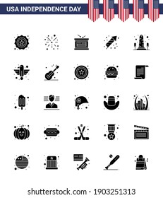 Happy Independence Day Pack of 25 Solid Glyph Signs and Symbols for monument; holiday; drum; fireworks; celebration Editable USA Day Vector Design Elements