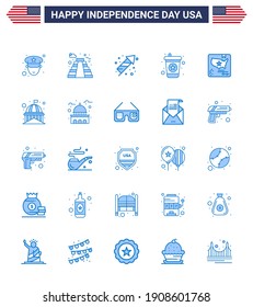 Happy Independence Day Pack of 25 Blues Signs and Symbols for world; flag; festivity; american; drink Editable USA Day Vector Design Elements