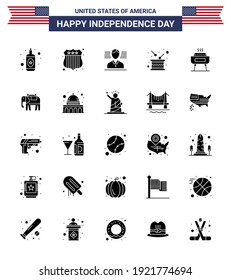Happy Independence Day Pack of 25 Solid Glyph Signs and Symbols for holiday; celebration; flag; barbeque; independence Editable USA Day Vector Design Elements