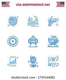 Happy Independence Day Pack of 9 Blues Signs and Symbols for festivity; barbeque; gun; maony; american Editable USA Day Vector Design Elements