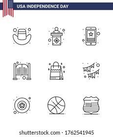 Paquete Feliz Día de la Independencia de 9 carteles y símbolos para bolso; día; estrella; salón; elementos editables de diseño de vectores de USA Day
