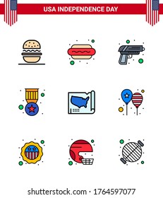 Happy Independence Day Pack of 9 Flat Filled Lines Signs and Symbols for states; military; gun; medal; award Editable USA Day Vector Design Elements