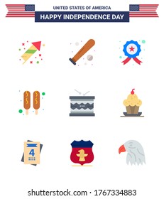 Happy Independence Day Pack of 9 Flats Signs and Symbols for instrument; food; usa; hot dog; police Editable USA Day Vector Design Elements