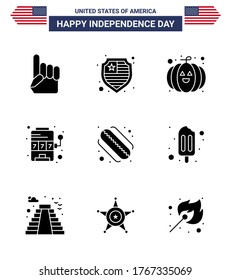 Happy Independence Day Pack mit 9 festen Glyphen Zeichen und Symbole für Eiscreme; hot dog; Kürbis amerikanisch; Steckplatz Bearbeitbar USA Day Vectordesign Elements