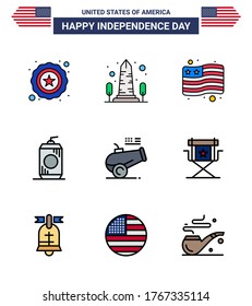 Happy Independence Day Pack of 9 Flat Filled Lines Signs and Symbols for howitzer; big gun; country; usa; cola Editable USA Day Vector Design Elements