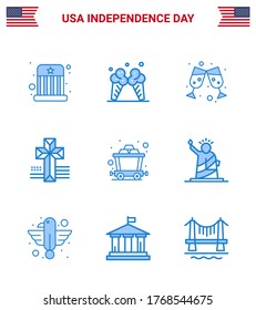 Happy Independence Day Pack of 9 Blues Signs and Symbols for landmarks; mine; beer; cart; cross Editable USA Day Vector Design Elements
