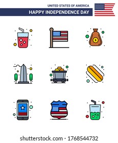 Happy Independence Day Pack of 9 Flat Filled Lines Signs and Symbols for cart; usa; dollar; sight; landmark Editable USA Day Vector Design Elements