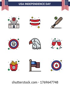 Happy Independence Day Pack of 9 Flat Filled Lines Signs and Symbols for animal; eagle; baseball; celebration; american Editable USA Day Vector Design Elements