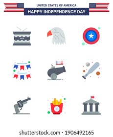 Happy Independence Day Pack of 9 Flats Signs and Symbols for garland; decoration; usa; buntings; sign Editable USA Day Vector Design Elements