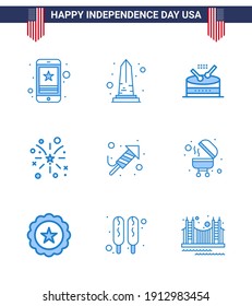 Happy Independence Day Pack of 9 Blues Signs and Symbols for usa; fire; usa; firework; music Editable USA Day Vector Design Elements