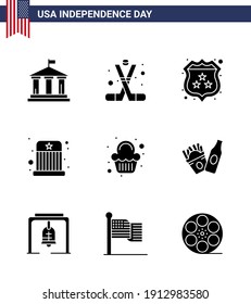Happy Independence Day Pack of 9 Solid Glyphs Signs and Symbols for cake; kids; america; entertainment; police Editable USA Day Vector Design Elements