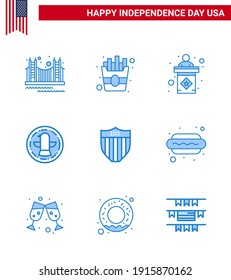 Happy Independence Day Pack of 9 Blues Signs and Symbols for american; celebration; fries; bird; sign Editable USA Day Vector Design Elements