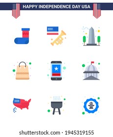Paquete Feliz Día de la Independencia de 9 carteles y símbolos para celda; paquetes; punto de referencia; dinero; Washington Editable USA Day Vector Design Elements