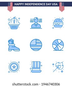 Paquete Feliz Día de la Independencia de 9 carteles y símbolos azules para el backetball; acción de gracias; comida rápida; marca; elementos de diseño de vectores de USA Day editable estadounidense