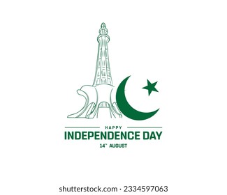 Happy Independence day Pakistan, Pakistan Independence day, Pakistan, 14th August, 14 August, National Day, Independence Day, Outline Illustration Minar e Pakistan Moon Star Typography Vector Icon Eps