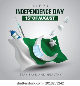 happy independence day Pakistan. 3d flag with flying pigeon. vector illustration design. covid-19, coronavirus concept