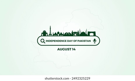 Happy Independence Day Pakistan. Abstrakte Vektorillustration. Poster, Banner, Abzeichen, Vorlage Design mit pakistanischem Wahrzeichen Skyline