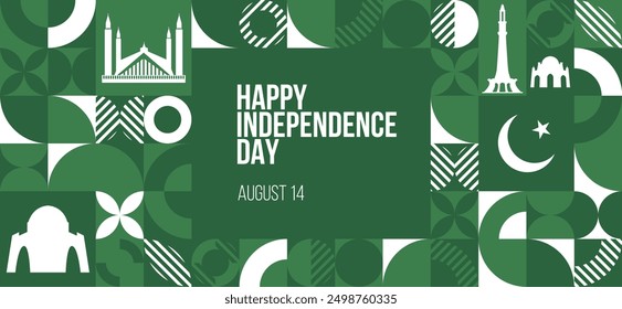 Happy Independence Day Pakistan Banner. August 14 Pakistani independence day greeting card design. Modern pattern, poster template. Vector Illustration.