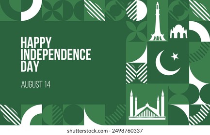 Happy Independence Day Pakistan Banner. August 14 Pakistani independence day greeting card design. Modern pattern, poster template. Vector Illustration.