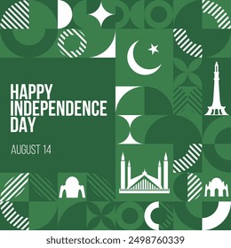 Feliz Día de la Independencia Anuncio de Pakistán. 14 de agosto Día de la Independencia de Pakistán diseño de tarjeta de felicitación. Patrón moderno, Plantilla de cartel. Ilustración vectorial.