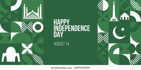 Happy Independence Day Pakistan Banner. August 14 Pakistani independence day greeting card design. Modern pattern, poster template. Vector Illustration.