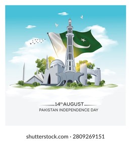 Happy Independence Day and Pakistan Different Cities Monuments in Background.14 August - Independence day of Pakistan. Translated: Jashan Azadi Mubarak