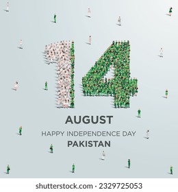 Happy Independence Day Pakistan. A large group of people form to create the number 14 as Pakistan celebrates its Independence Day on the 14th of August. Vector illustration.