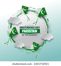 happy independence day Pakistan light background. Vector illustration design of flying Pakistan Flag kites.	