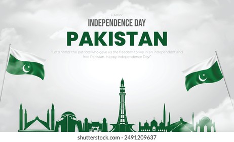 Happy Independence Day Pakistan Post und Grußkarte. Pakistanischer Unabhängigkeitstag 14. August Banner mit Text, Wolken und Pakistanflagge .Vektorillustration