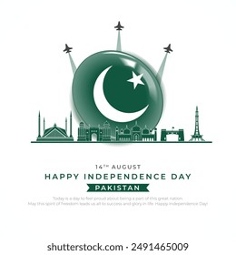 Happy Independence Day Pakistan Post und Grußkarte. 14. August - Banner und Hintergrund des Pakistan Independence Day mit der Vektorillustration Pakistan Skyline