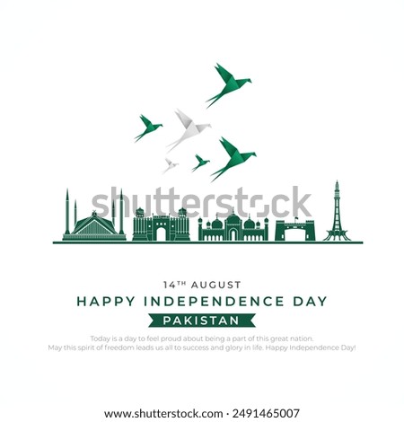 Happy Independence Day Pakistan Post and Greeting Card. 14 August - Pakistan Independence Day Banner and Background with Origami Birds and Text Vector Illustration