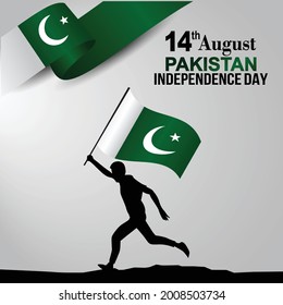 Happy Independence Day Pakistan Vector Template Design Illustration Design. Silhouette Man Running With Pakistan Flag