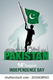 happy independence day Pakistan. vector illustration of Pakistan man with flag. poster, banner , template design