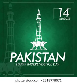 Happy Independence Day Pakistan | Vector illustration Holiday August 14 is the day of independence of Pakistan. symbolic green colors Pakistan independence day poster with Minar e Pakistan.