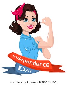 Happy Independence Day. Patriotic woman cartoon character for greeting card, poster. USA Independence Day. Vector illustration.