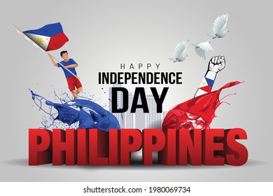 Happy Independence Day Philippine Vector Template Design Illustration. Man Hand 3d Letter With Flag