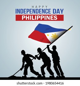 Happy Independence Day Philippine Vector Template Design Illustration. silhouette soldiers raising with flag